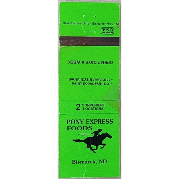 Vintage Matchbook Cover Pony Express Foods Bismarck ND North Dakota Green - Picture 1 of 4